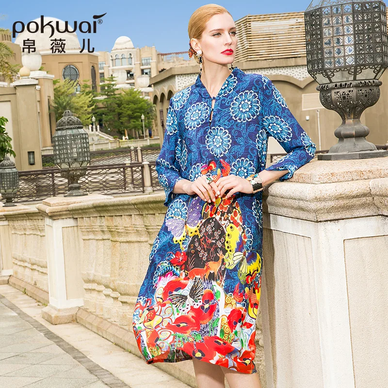 

POKWAI Casual Floral Summer Silk Straight Dress Women 2018 New Fashion High Quality Three Quarter Sleeve V-Neck Button Dresses