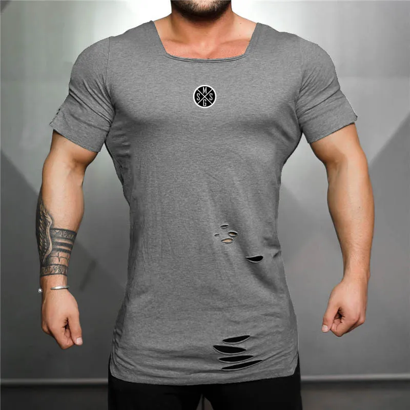 Новая летняя одежда модная рваная футболка с дырками мужская хлопковая дышащая мужская облегающая футболка с коротким рукавом для фитнеса футболки для тренажерного зала