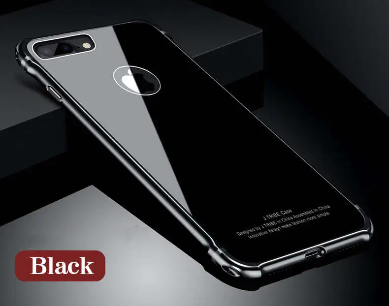 black Zinkgelb для iPhone 7 Plus чехол Роскошный Блеск жесткий Алюминий металлический бампер+ закаленное стекло Броня защитный чехол для телефона чехол - Цвет: black