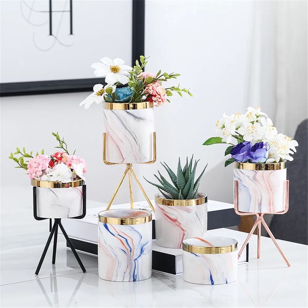 

Nordic Marble Pattern Golden Ceramics Iron Art Vase Minimalism Style Tabletop Flower Pot Home Wedding Living Room Decoration