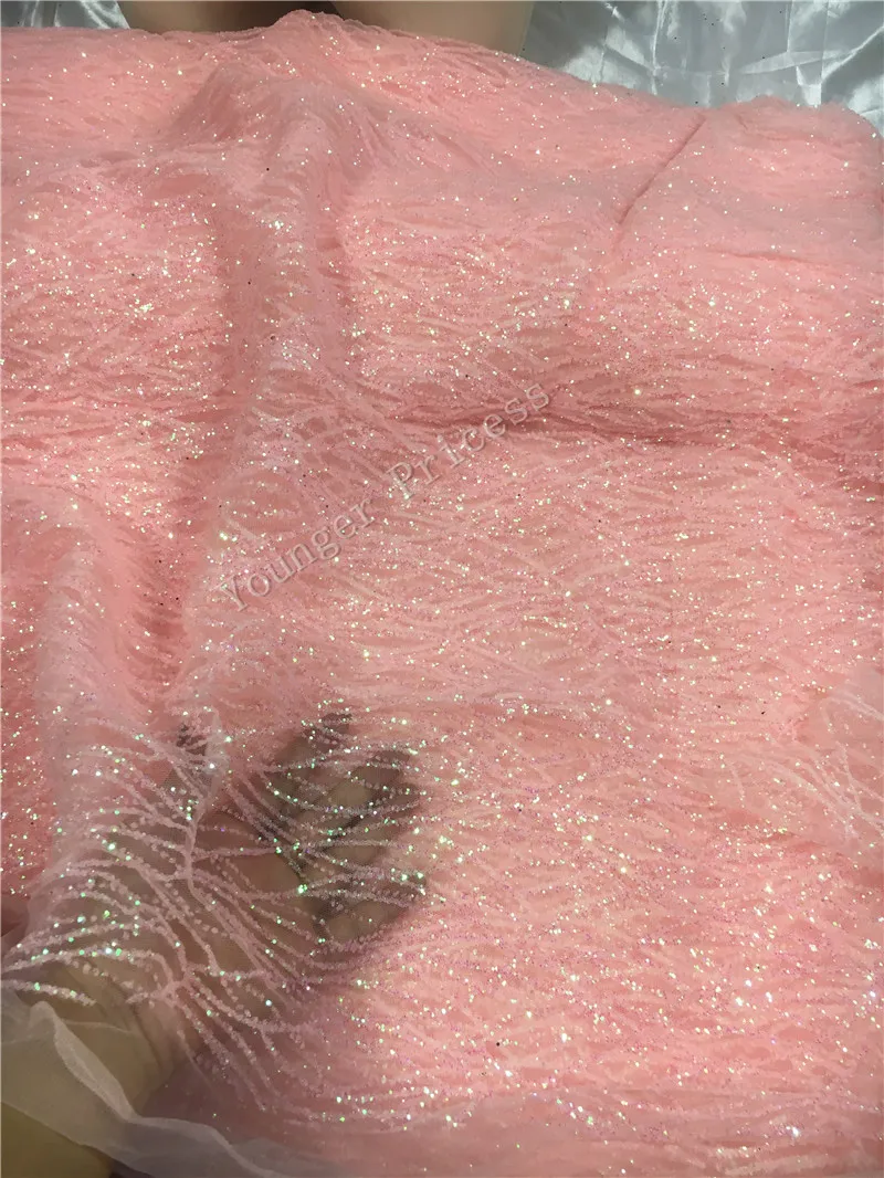 

Shinny light pink african glitter tulle fabric sparkly YG-318 glued glitter lace fabric for fashion show or wedding dress