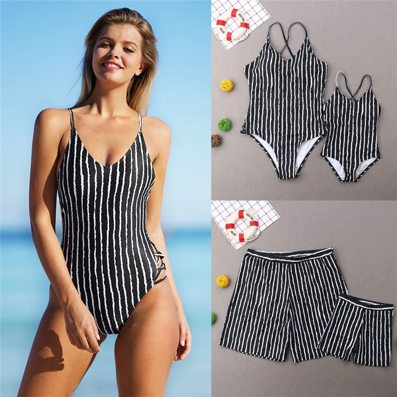 

2019 Summer Family Matching Mother Father Daughter Sons Striped Bikini Sunsuit Beach Bathing Swimwear Outfits