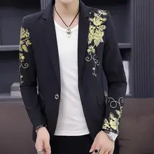 Золотой черный блейзер с цветочным принтом, вечерние, свадебные, праздничные, стильные блейзеры для мужчин, сценические костюмы для певцов, приталенный Блейзер