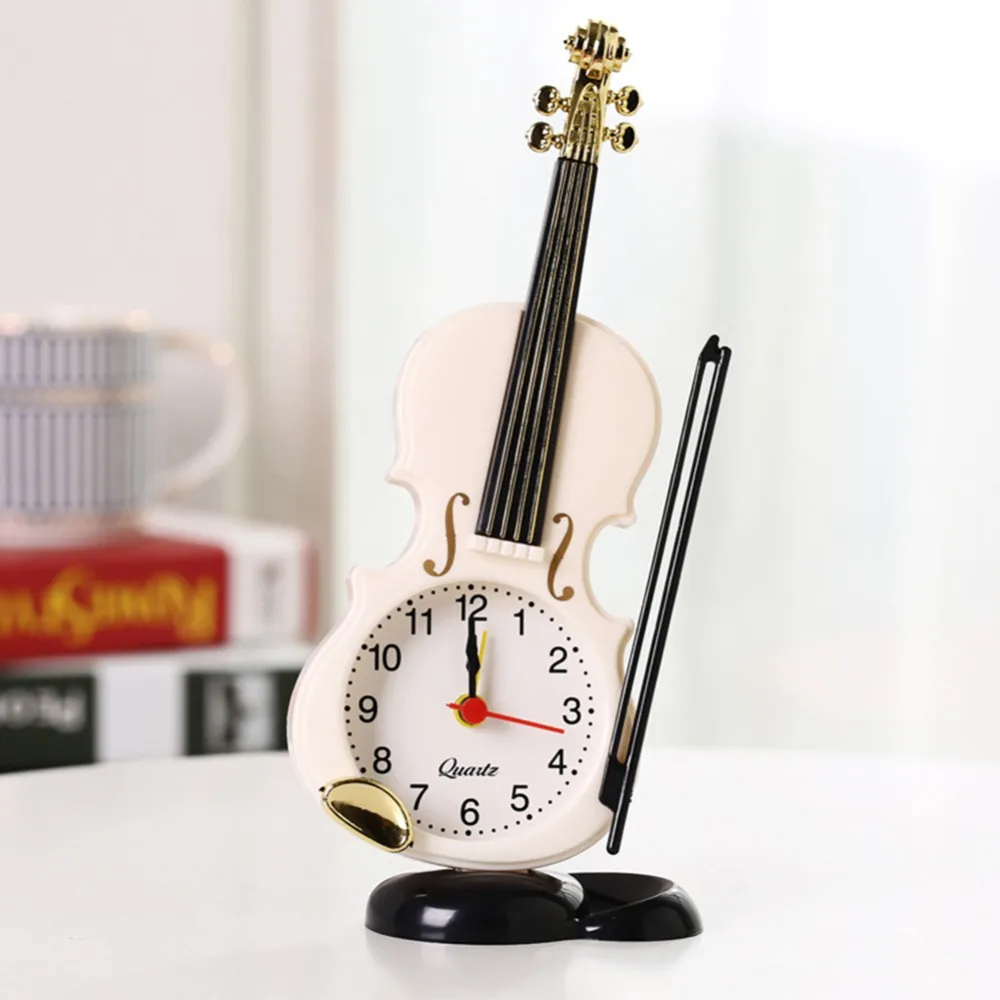 1pc Small Bed Compact Travel Quartz Clock Simulated Violin Alarm Clock#288312