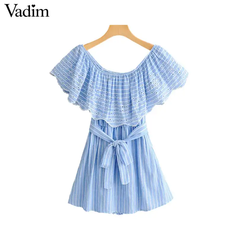 

Vadim women stylish ruffled striped embroidery hollow out playsuits female short sleeve pockets bow tie sashes jumpsuits KA884