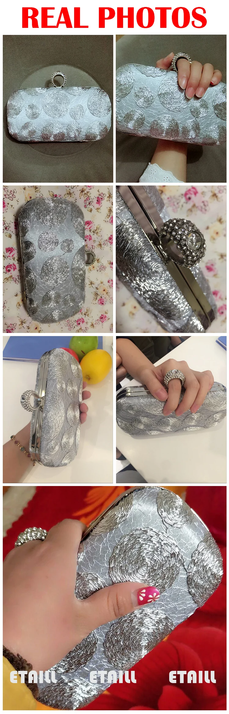 ETAILL роскошные серебряные женские клатчи кольцо на палец дамские винтажные вечерние сумки хрустальные свадебные сумочки кошелек сумки держатель