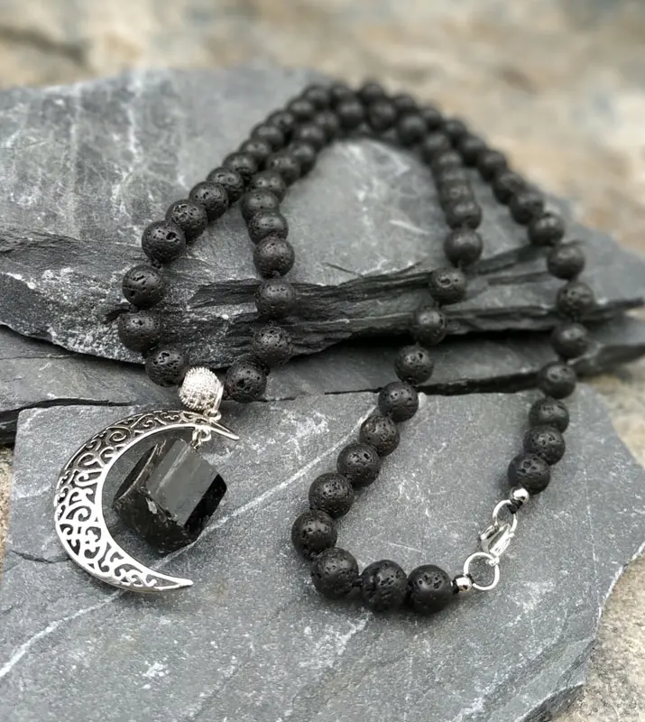 

Natural Black Tourmaline Moon Pendant Black Lava Stone Beads Handcraft Choker Necklace 18inch long M0045