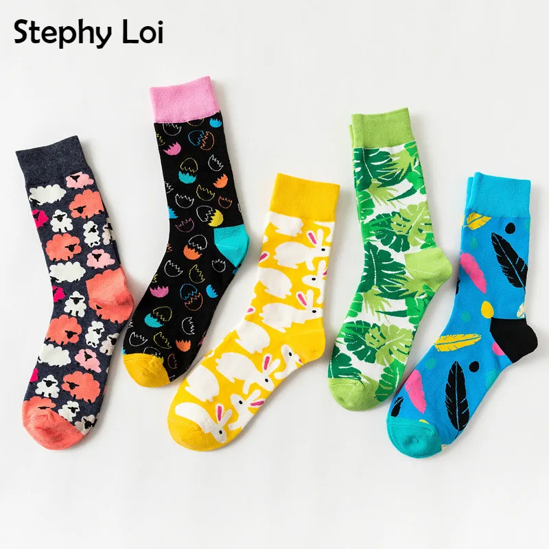 

New Colorful Sheep Rabbit Leaf Egg Pattern Cotton Women/men Crew Socks Harajuku Crazy Sox Yellow Blue Streetwear Novelty