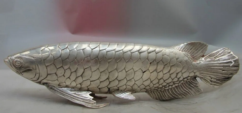 

China Chinese Folk White Copper Silver Mascot Carved Lucky Fish Statue Sculpture