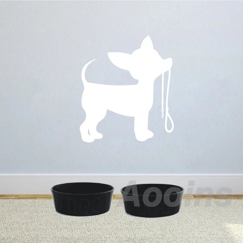 Милые животные маленькая собака Чихуахуа поводок виниловые наклейки на стену домашний интерьер украшение щенок силуэт Наклейки на стены