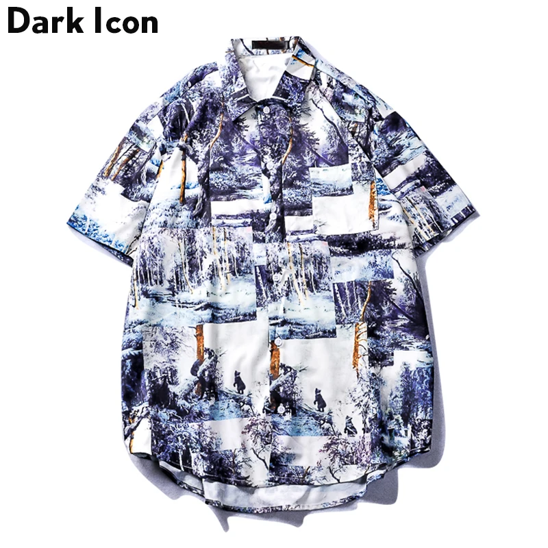 Темно-икона, полная печать, гавайская рубашка, мужская рубашка с отложным воротником, уличный стиль, хип-хоп, большие размеры, мужские рубашки, уличная одежда