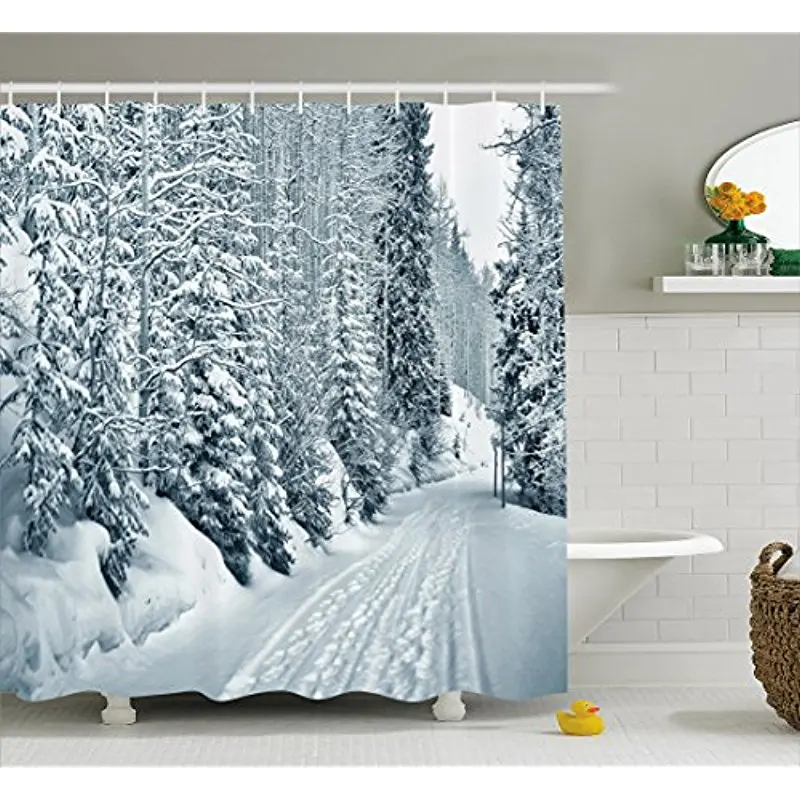 

Vixm Winter Shower Curtain Ski Themed Snowy Road Cold Parts of the World Footprints Colorado United States Fabric Curtains
