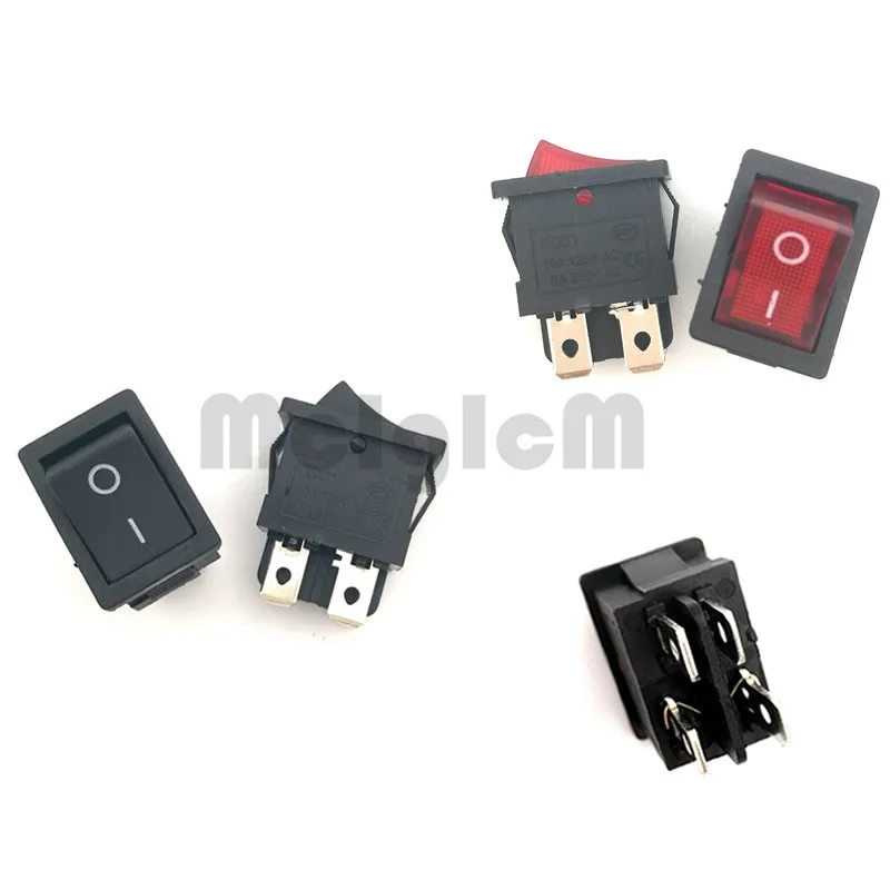 

Red and Black Rocker Switch 4 Pin 6A 250V AC / 10A 125V AC ON-OFF SPST Snap in with RED LED Light 15*21mm
