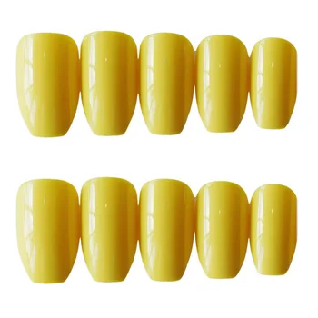 

24pcs/set False Nails with glue European Ins shiny Yellow Long Fake Nails with Glue solid Color finger Nail Full Cover tips