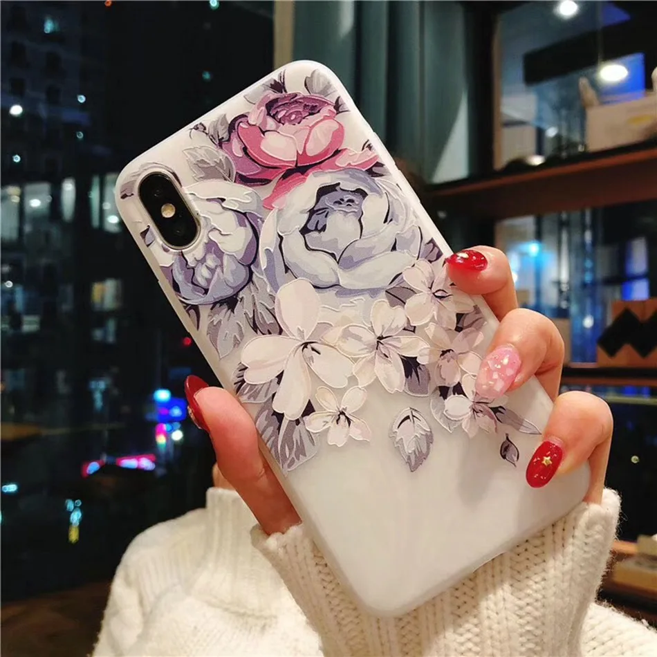 For iPhone X Case Luxury Soft TPU Silicone Cover For iPhone 5 5S SE 6 6S 7 8 Plus Case 3D Relief Blossoming Flowers Thin Cover (12)