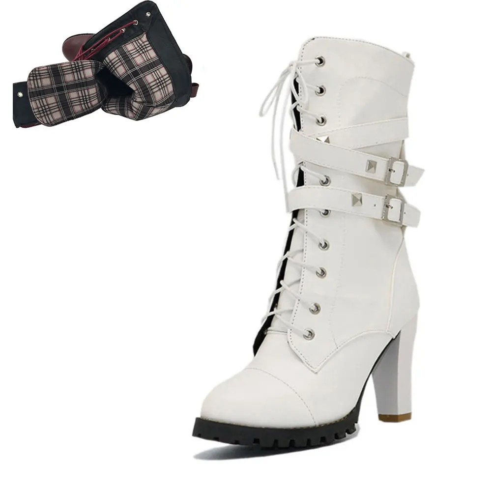 SARAIRIS/мотоботы с заклепками в стиле панк размера плюс 33-48, женские зимние меховые ботиночки, Женская Осенняя обувь на платформе и высоком каблуке - Цвет: white