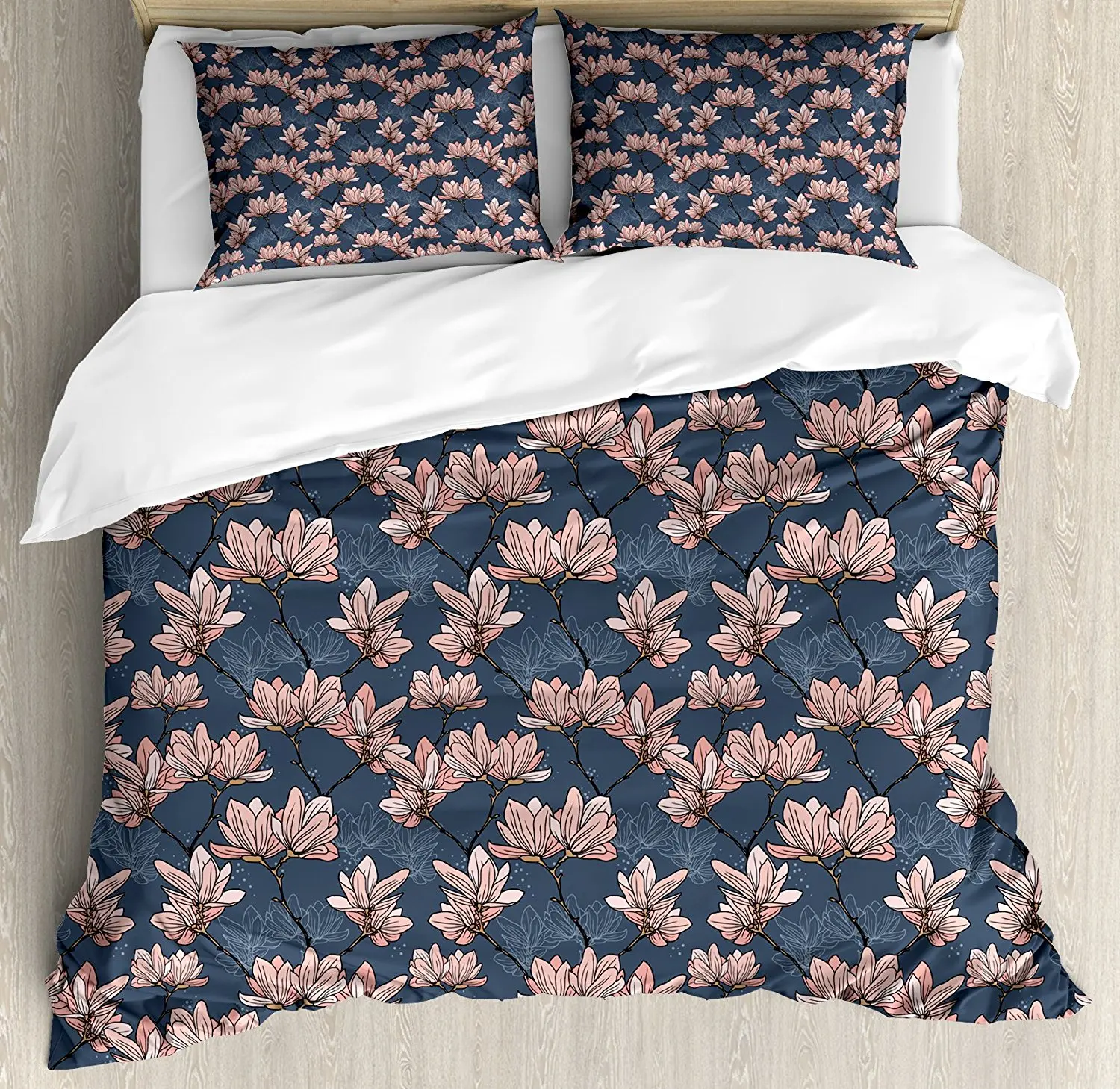 Flowers Duvet Cover Set Pattern With Magnolia Flowers In Japanese