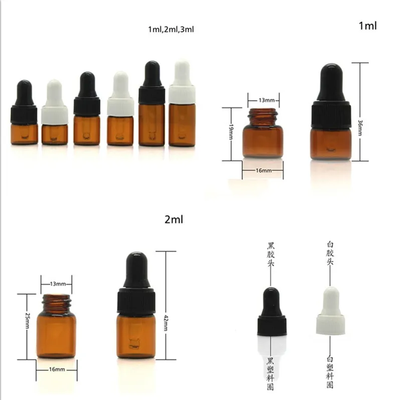 200x1 мл/2 мл/3 мл Amber Стекло бутылка с черный/белый капельницы Пипетки Лабораторные для косметический духи Эфирные масла Бутылочки