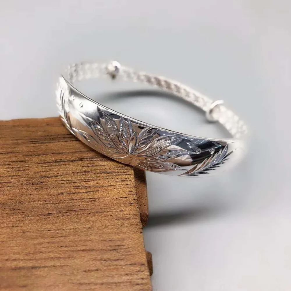 

JOOCHEER Sterling S999 silver Bangles 999 Bangle flower fashion cut romantic vintage lovely flower ethnic opening bracelet