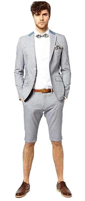 

Grey Summer Men Suit Custom Made Men Wedding Suits Male Slim Fit 2 PCs Jacket+Short Pants For Wedding Groom Prom Party Tuxedos