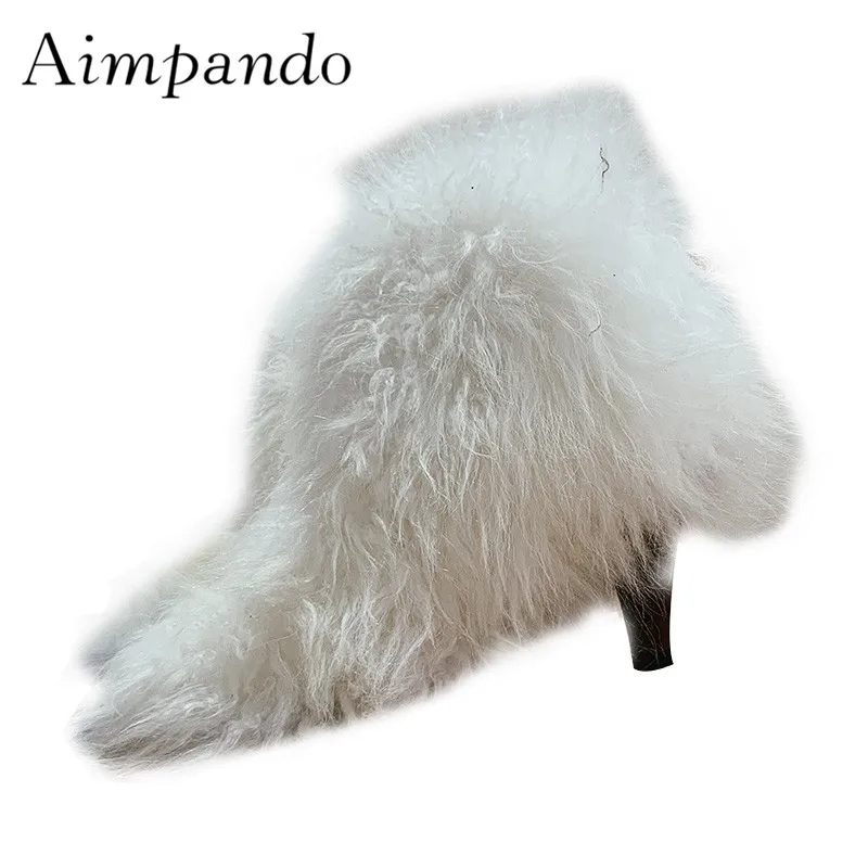 

Luxury Real Fur Short Booties For Women Thin High Heels Point Toes Back Zip Autumn Winter Ankle Boots Lady Shoes