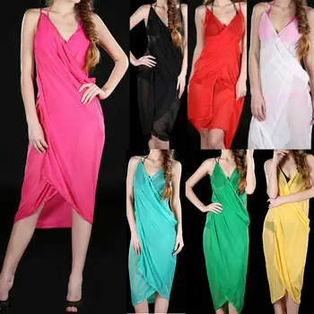 

Womens Summer Boho Beach Cover Up Dresses Ladies Sexy Sleeveless V-Neck Solid Dress