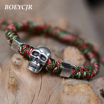 

BOEYCJR 999 Silver Steam Punk Skeleton Bangles & Bracelets Fine Jewelry Handmade Braided Rope Energy Bracelet for Men