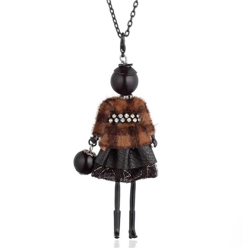 New Doll Necklace Women Feather Lace Skirt Black Alloy Pendants Necklaces Long Sweater Chain Charm Jewelry Party Gifts Collar - Metal Color: Brown