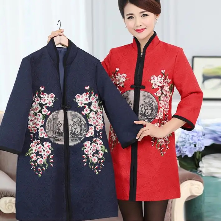 Printemps Veste Coupe Style bleu De Nouvelle Points Grande vent rouge Femmes Sept Tang Et Broderie Costume Automne Chinois Manches Manteau Taille Beige v0mnN8wO