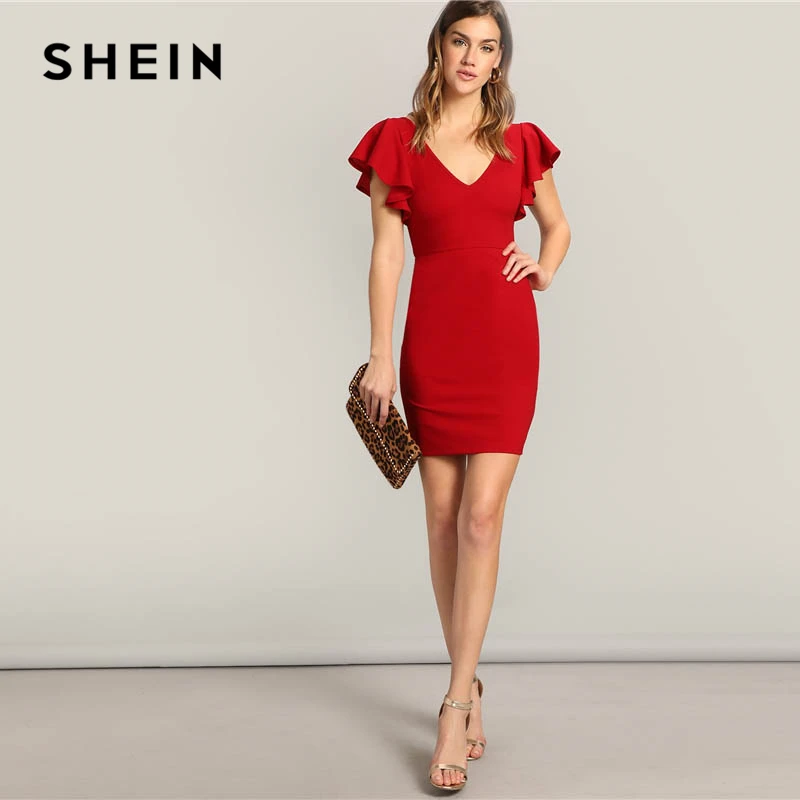 SHEIN Платье На Молнии С V-образным Вырезом И Рукавом-Бабочкой Сексуальное Короткое Платье С Высокой Талией Женские Элегантные Летние Платья