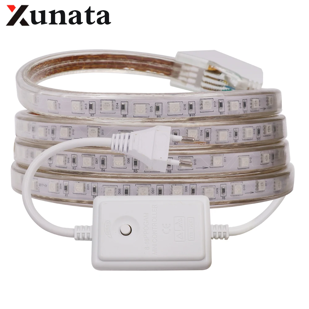 #Best SMD 5050 LED Strip 220V RGB Waterproof Flexible Strip Light 60Leds m Ribbon Tape Home Outdoor Lighting With EU Switch Plug