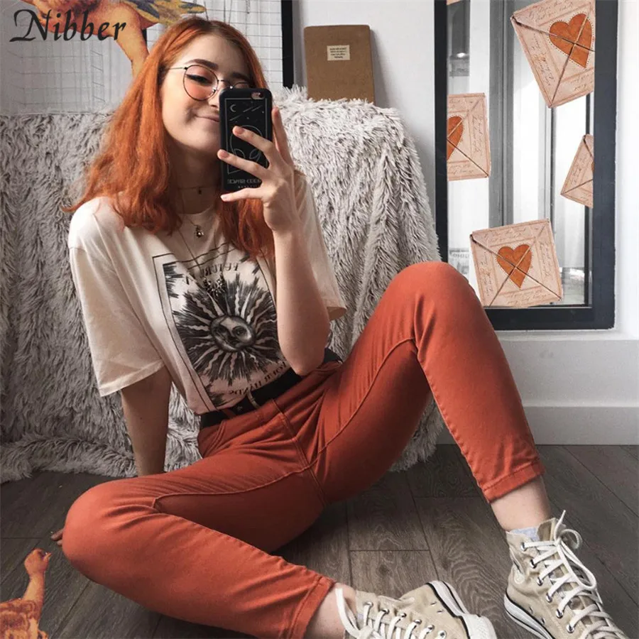 Nibber/Харадзюку, свободные топы с принтом, женские хлопковые T-shirt2019summer, уличные повседневные Стрейчевые тонкие футболки, базовая парная футболка