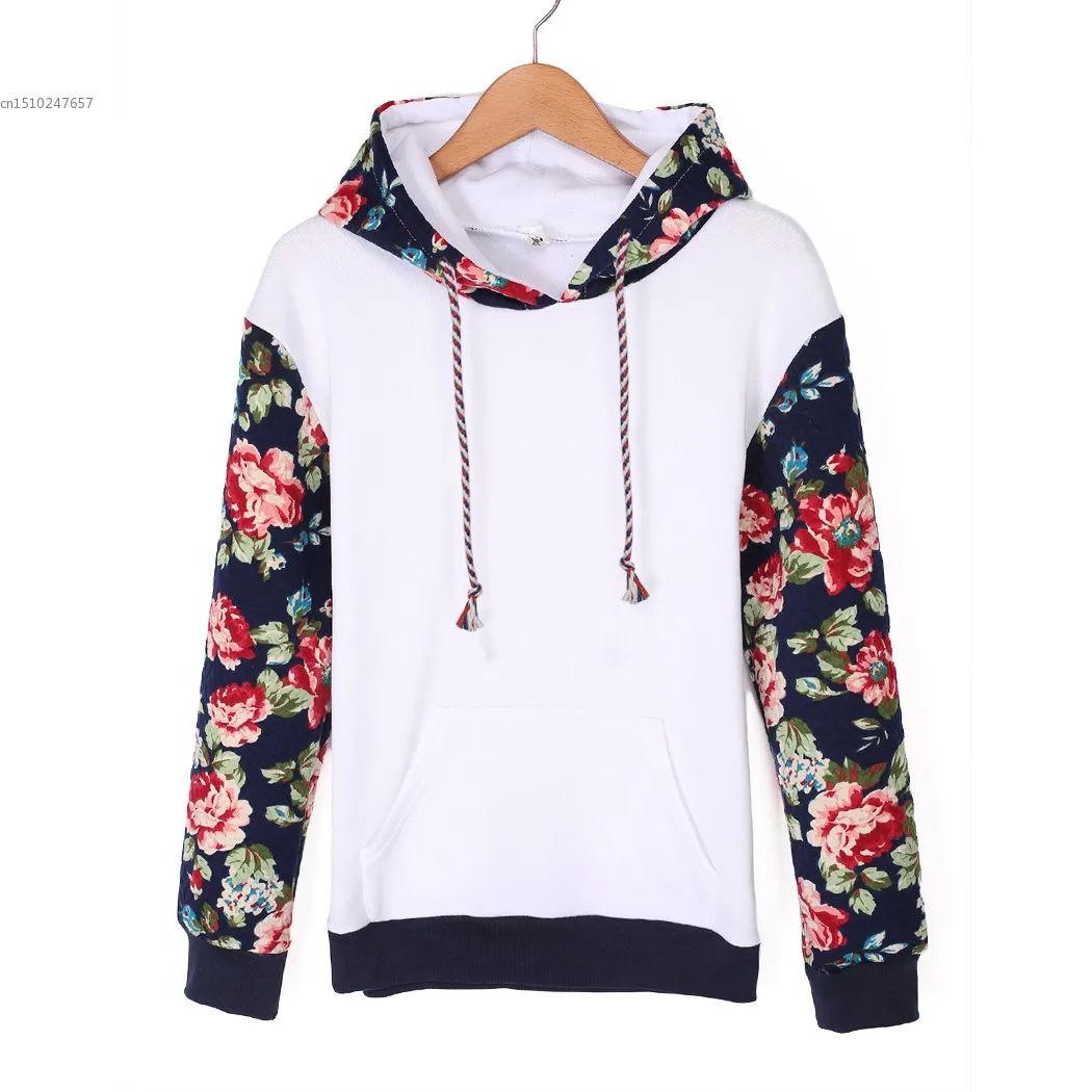 Spring Women Hoodies Sweatshirts Patchwork Long Sleeve Printed Floral