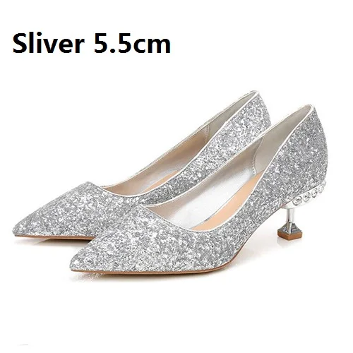 Silver 5.5cm Брендовые женские туфли-лодочки обувь на высоком каблуке на весну с сияющими блестками; туфли-лодочки на тонком каблуке; дамские стразы свадебные туфли с острым носком женские, золотистого цвета де - Цвет: Silver 5.5cm