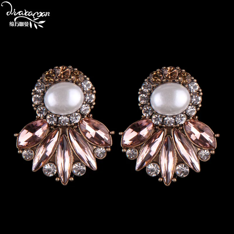 

Dvacaman Brand Elegant Pink Crystal Drop Dangle Earrings Women Simulated Pearl Statement Wedding Earrings Jewelry Bijoux FF51