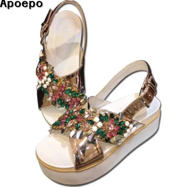 

2017 hot selling leather sandal for woman open toe colorful crystal embellished flat platform shoes cutouts sexy sandal