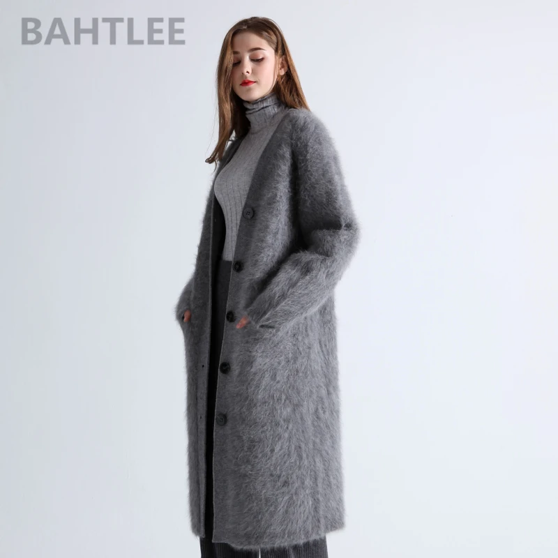 

BAHTLEE winter wool knitted women's angora long cardigans sweater mink cashmere V-neck button pocket thick keep warm