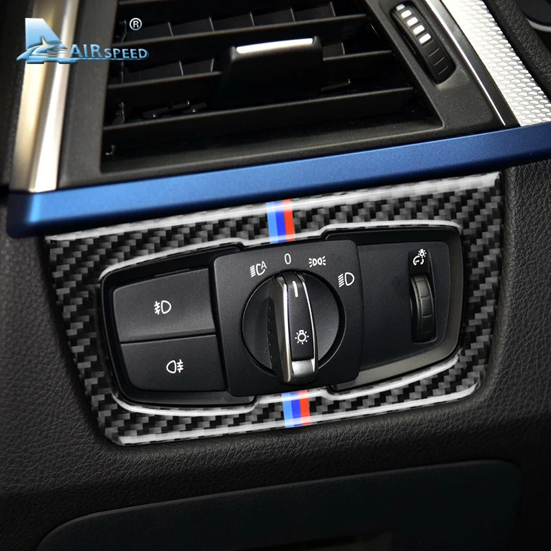 AIRSPEED Carbon Fiber Car Headlight Switch Cover Stickers Interior Trim for BMW F30 320i F34 GT