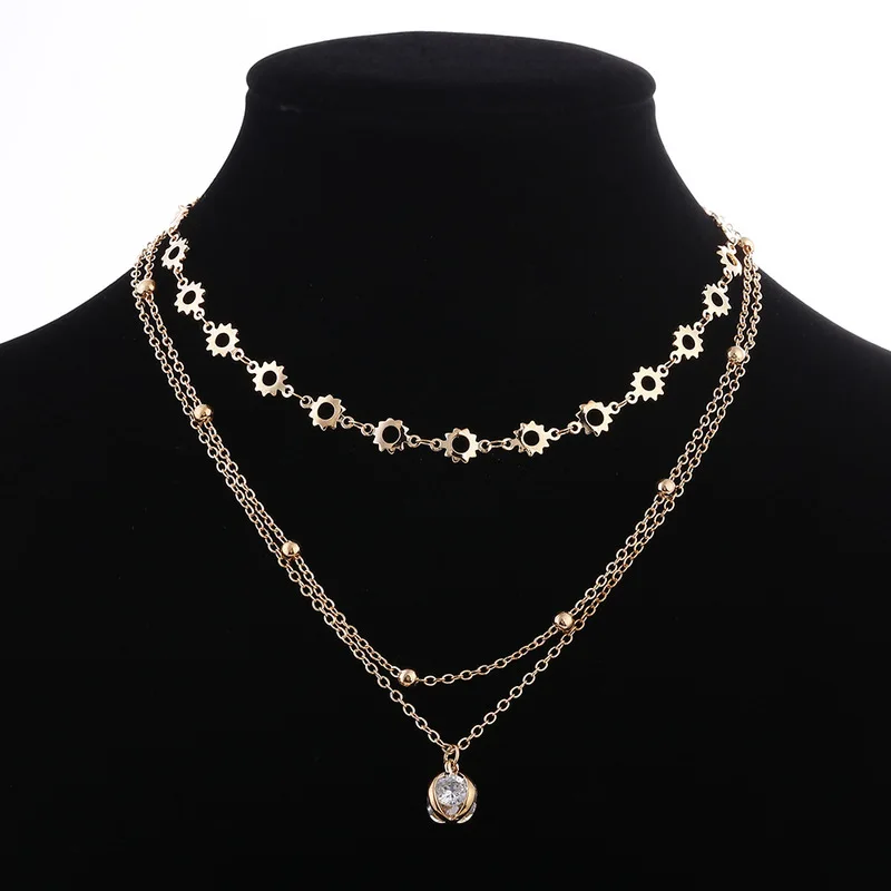 Многослойное ожерелье с кулоном из кристаллов, трехслойное металлическое колье, ожерелье из бисера для женщин, модные аксессуары, ювелирные изделия, ZAN013