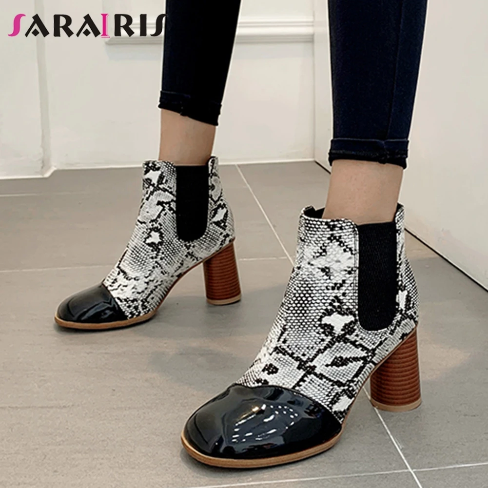 

SARAIRIS Ankle Boots 2019 Autumn Winter Snake Prints Mixed Colors High Heels Slip On Ladies Ankle Boots Woman Plus Size 32-48