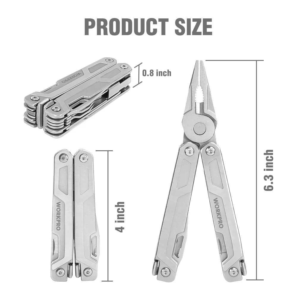 WORKPRO Multi Tool 15-in-1 Pocket Tool multi Pliers Saw Cutters for EDC Stainless Steel Utility Tools with Sheath