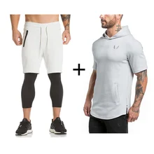Мужские спортивные костюмы, облегающие для тренировок, эластичные повседневные толстовки с коротким рукавом+ шорты, хлопковые тренировочные спортивные костюмы для фитнеса