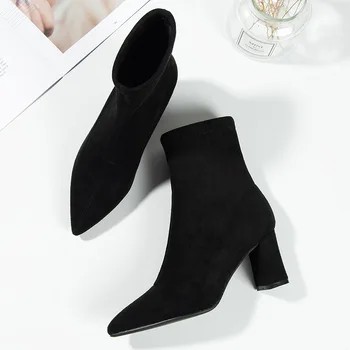 Boots 2018 New Fashion High Heels Plus Size Velvet High Heel Boots Thick Short Boots Women'S Boots Ladies Boots Pointed Toe