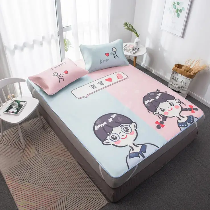 

Cartoon Stripe Summer Sleeping Bed Mat Foldable Bed Sheet Children Bed Mattress Protector Cover Summer Ice Silk Sleep Mat Set
