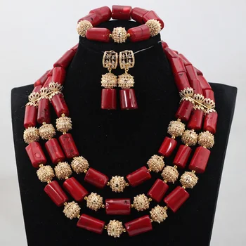 

African Red Coral Beads Bridal Jewelry Set Real Coral Beaded Statement Necklace Set New 4 Colors Free Shipping CNR776