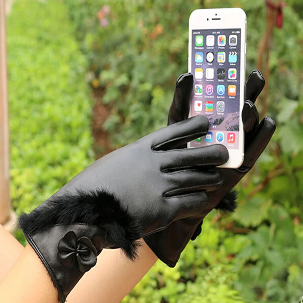 New European Fashion Soft Leather Gloves Mittens Winter Women Warm