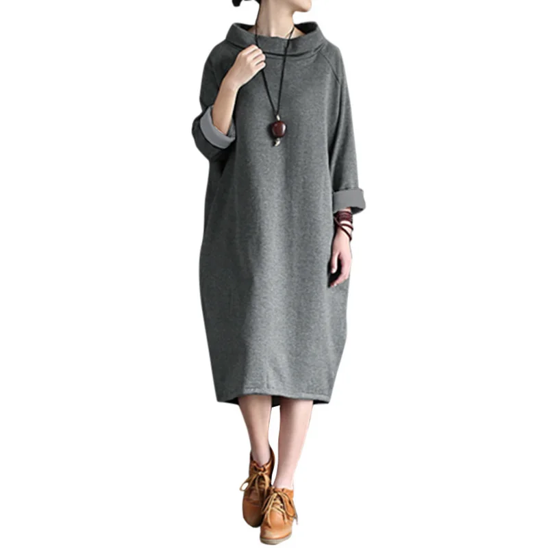 

Women Casual Loose Dress 5XL Fleece Long Raglan Sleeves Turtleneck Hoodie Dress Drawstring Hem Vintage Oversized Baggy Dress