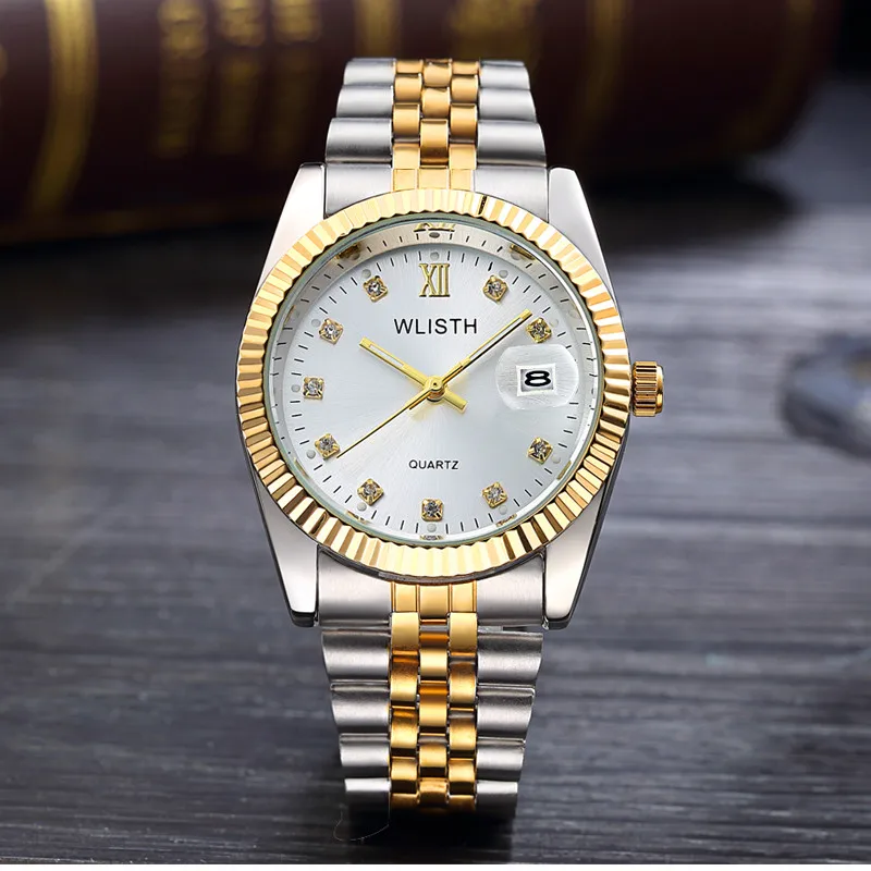 Reloj Hombre, мужские наручные часы, мужские часы, Топ бренд, роскошные женские часы, часы с бриллиантами, Автоматическая Дата, Saat Relogio Masculino - Цвет: men two tone white