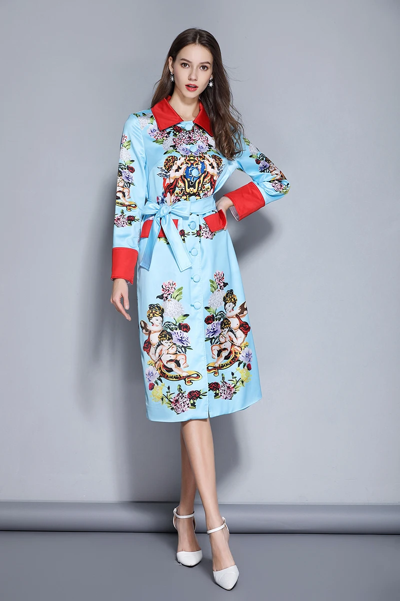 Подиум дизайн Ангел Гортензия Длинный плащ женское элегантное пальто с поясом цветочный принт Повседневная Верхняя одежда