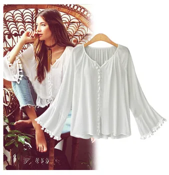 Ruoru New European Style Women Flare Bell Sleeve Feminina Shirt With Tassel Blouse Retro Top Female Blouse Women's Tunic tassel hem blouse